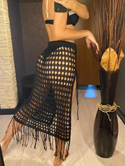 S - XL New Fringe Tassel Hollow Out Crochet Knitted Tunic Beach Cover Up Cover-ups Beach Dress Beach Wear Beachwear Female V5639
