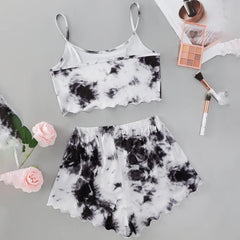 Sleepwear Women Pajamas Sets Sexy Lingerie Cute Tie-dyed Print Sleeveless O-Neck Thin Tops with Shorts Set Nightwear Underwear