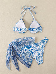 3 Piece Swimsuit For Women Floral Printed Bikinis Underwire Push Up Bikinis Set Swimwear with Beach Skirts Cover Ups Mini Dress