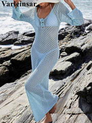 3D Flowers Long Sleeve V Neck Crochet Knitted Long Dresses Bikini Cover Up Cover-ups Beach Dress Backless Beachwear Women V6156