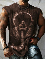 Neue Herren-Fitnessbekleidung von Four Seasons: Schlichtes, atmungsaktives, ärmelloses Unterhemd mit großem Sportprint und schnelltrocknender Farbe.