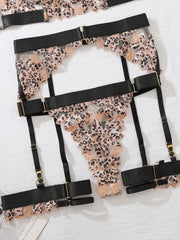 Erotic Women's Lingerie 5-Piece Set Hanging Neck Leopard Embroidered Bra Panty Garter Sets See-Through Patchwork Sexy Underwear