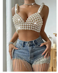 Sexy Accessories Women Bikini Pearl Chest chain Body Chain Jewelry Totally Hand-made Bra Fringed For Beach Nightclub Waist Chain