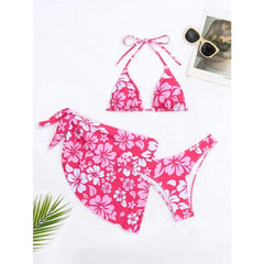 Floral Pattern Micro Bikini Swimsuit Women Sexy Lace Up Triangle Bikini Set Skirt Cover Up Summer 2025 New Beach Bikinis 3 Piece