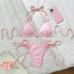 Sexy Pink Plaid Bikinis Sets Women Bead String Strap Push Up Drawstring Side Thong Swimsuit 2025 Beach Bathing Suit Swimwear