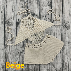 Handgehäkeltes Strandbikini-Set für Damen, kurze Badebekleidung, sexy Quasten