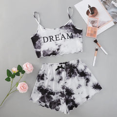 Sleepwear Women Pajamas Sets Sexy Lingerie Cute Tie-dyed Print Sleeveless O-Neck Thin Tops with Shorts Set Nightwear Underwear