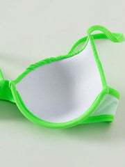 ביקיני בגד ים נשי עם קאפ חזייה מקומט ירוק ניאון עם ברזלים לנשים בגדי ים שני חלקים סט ביקיני מתרחץ בגד ים ליידי