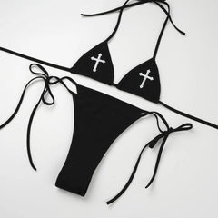 Sexy Bikini 2024 Women Cross Embroidery Split Bathing Suit Underwear Lingerie Goth Swimsuit Low Waist Bikinis Beach Swimwear