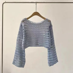 Women Long Sleeve Crochet Knitted Sweater Beach Bikini Cover Up Top Summer