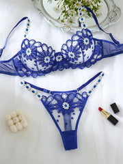 Fairy Sexy Lingerie Floral Embroidery Wire Bra Set Deep Blue Mesh Underwear Transparent Lingerie Honeymoon Intimate Lingerie Set