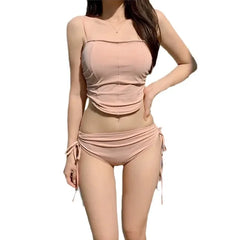 Korean Style Hot Sale Of The Season New Sexy Two-Piece Pure Color Small Chest Covering High-End Beach Thermal Spa Swimsuit Women