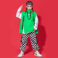 Kid Hip Hop Clothing Sleeveless Jacket Top Streetwear Checkered Tactical Cargo Jogger Pants for Girls Boys Dance Costume Clothes