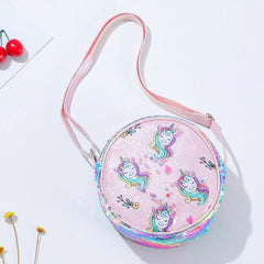 Kids Accessories Summer Lovely Kids Girls Sequin Crossbody Bag 3 Colors Cartoon Printed Round Shoulder Bag with Adjustable Strap