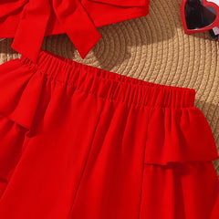 kids Clothing Sets For Girls Red Sleeveless Square Collar Ruffled Bowknot Elastic-Waist 8-12 Years Summer Fashion Sweet Style