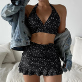 Sexy V Neck Bikini+Ruffle Skirt Cover-Up Beachwear High Waist Women's 3 Pieces Swimsuit Halter Bandage Tankini Backless Swimwear