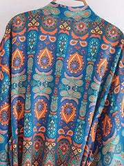 Vintage Chic Women Multi Floral Print Bohemian Kimono Robe Ladies V Neck Batwing Sleeves Boho Maxi Dress Bikini Cover-ups