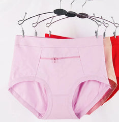 Women Underwear Anti-theft Zipper Pocket High Waist Stretch Breathable Cotton Middle-aged Mom Grandma Brief Panties Underpants