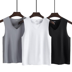 Male Summer Ice Silk T-Shirts Sleeveless V-Neck Vest Tank Top Breathable Cool Sports Undershirt Casual Gyms Running Vest M-5XL