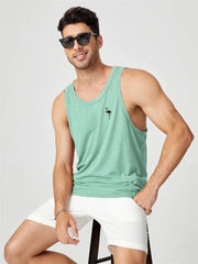 2024 Men's Summer O-neck Vest Breathable Coconut Leaf Print Sports Fitness Vest Quick Dry Hawaiian Sleeveless Vest For Men