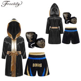 Kids Boys Boxing Training Outfit Long Sleeve Open Front Metallic Satin Robe Hooded Cloak with Athletic Shorts And Boxer Gloves