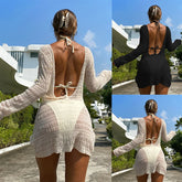 2025 New Beach Wear Long Sleeved Sexy Backless Bikini Cover Up Three Piece Set with Bikini Swimsuit