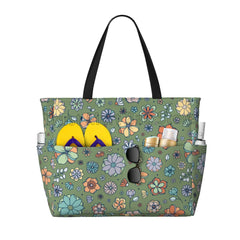 Hippie Flowers Large Beach Tote Bag Women Waterproof Sandproof Zipper Beach Tote Bags for Pool Gym Grocery Travel