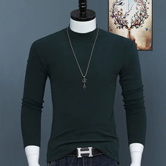 Luxury Korean Men's Oversized T-Shirt Solid Long Sleeve Base Shirt High Neck Slim Fit Tee for Autumn and Winter Plus Size Tops