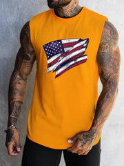 Summer Men's Simple American Flag Printed Sleeveless Round Neck Vest Daily Sports Fitness Fashion Sleeveless Clothing S-5XL
