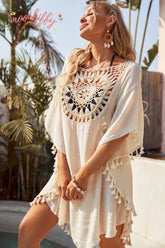 Women Off Shoulder Loose Beach Smock Casual Holiday Sexy Style Cut Out Tassel Beach Smock Women Summer Beach Smock