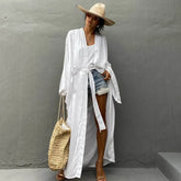 Solid Beach Cover Up Women Self Belted Wrap Kimono Dress Swimsuit 2025 New Robe Summer Beachwear Factory Supply