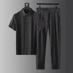 Men Sets Turn Down Collar Shirts Short Sleeve T Shirts Knee Length Straight Pants Two Pieces Loose Fit Summer Solid Casual