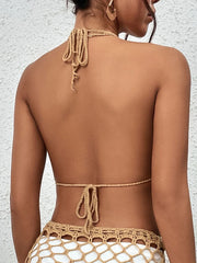 Crochet Swimsuit Shell Tassel Bikini Swimsuit Hollow Out Binding Rope Summer Holiday Sunbathing Knit Beach Bra Halter Bikini Top