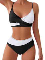 Circyy Badeanzug Damen Kontrastfarbener Badeanzug mit Schlitz, Neckholder, gekreuzte Träger, hochtaillierter Zweiteiler, Sommer 2025 Neu