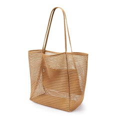 Women's Foldable Beach Tote Bag with Mesh Handheld Single Shoulder Bag for Summer Outdoor Travel Shopping Bag