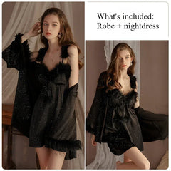 Sexy Women's Pajamas Underwear with Breast Cushion Halter Nightdress Robe Home Suit Autumn Women's Pajamas Two-piece Set Dresses