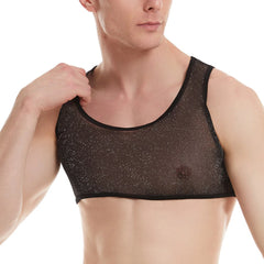 גופיית רשת שקופה לגברים מתחת לחולצה שרירית חולצת בטן ללא שרוולים עם צווארון U לספורט ואימונים