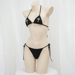 Sexy Bikini 2024 Women Cross Embroidery Split Bathing Suit Underwear Lingerie Goth Swimsuit Low Waist Bikinis Beach Swimwear