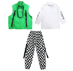 Kid Hip Hop Clothing Sleeveless Jacket Top Streetwear Checkered Tactical Cargo Jogger Pants for Girls Boys Dance Costume Clothes