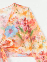 4 Piece Bikini Set Women Orange Floral Print Long Sleeve Mesh Cover Up Ruffle Skirt Swimsuit 2024 Sexy Bathing Suit Swimwear