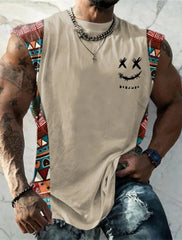 קיץ חדש לגברים וסט טי עם דוגמא שבטית צווארון עגול ביגוד יומי כושר ספורט וינטג' ללא שרוולים חולצות אתניות מודפסות
