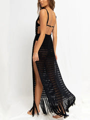 Sexy Fringe Tassel Knitted Crochet Tunic Beach Cover Up Women Long Dresses Cover-ups Beach Dress Beach Wear Beachwear Female