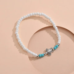 Cute Sea Turtle Rainbow Beaded Anklets For Women Elastic Rope Chains Adjustable Ankle Bracelet Beach Jewelry Summer Accessories