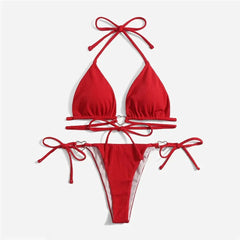 Sexy Swimsuit Women Black Halter String Triangle Micro Bikini Thong Heart Ring Ribbed Swimwear Bathing Suit Bikinis Sets 2025