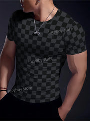Sportliches Herren-T-Shirt fürs Fitnessstudio, Muskeltraining, Kurzarm, schnelltrocknend, mit Karomuster, Oversize-Schnitt, Herrenbekleidung