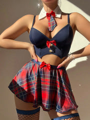 Sexy Women Lingerie Student Role-Play Plaid Skirt 3-Piece Set Erotic Underwear Exotic Bra & Thong Costume Set Grils