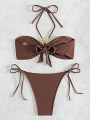 XS - L Neckholder-Bandeau-Bikini mit Faltenwurf, Damen-Badeanzug, zweiteiliger Bikini, hochgeschnittener Badeanzug