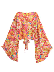 Boho Vintage Floral Print Beach Summer Short Kimono Women 2025 Fashion Ruffles Flare Sleeves Vacation Bohemian Bikini Cover-ups