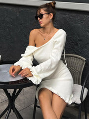 2025 Women Ins Style Sexy Backless Neck-hanging Long Sleeve Fishtail Dress Knit Beachwear Summer Swimsuit Bikini Cover-ups A2825