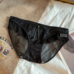 Women Ruffle Edge Sexy Lace Mesh Satin Transparent Underwear Thin Breathable High Elasticity Low Waist Seamless Panties Breifs